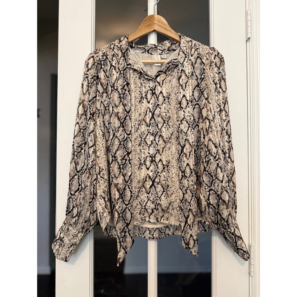 NWT Joie Women's Snake Print Tie Neck Balloon Sleeve Button Up Blouse Size XS